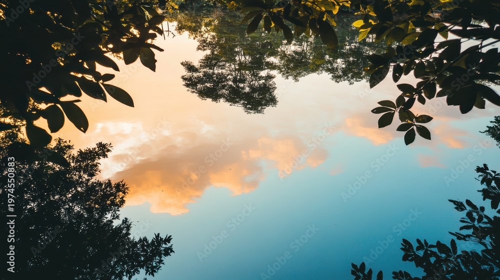 Fototapeta premium Golden Hour Sunset Reflected in Calm Water Amidst Overhanging Foliage