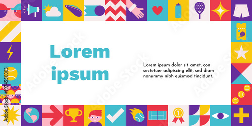 Vector flat horizontal frame for poster with square abstract icons which are signs of world padel championship or cup. Template with copy space, geometrical clipart for sport collection