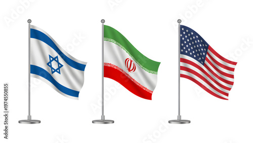 Israeli, Iranian, and American Flags Waving on Poles
