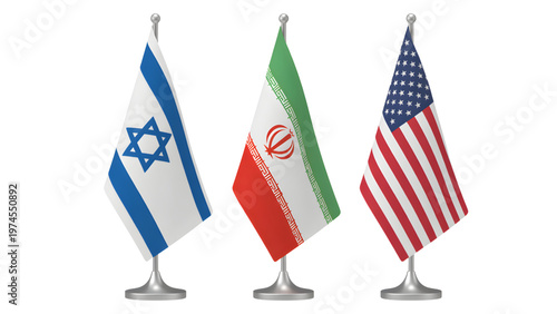 Israeli, Iranian, and American Flags on Stands