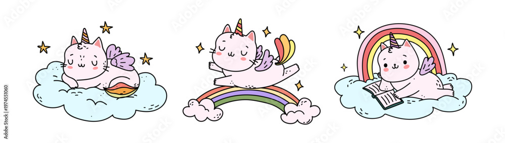 Fototapeta premium Kawaii cat unicorns personages playing on clouds and rainbows. Vector cute characters express joy and magic sleeping and reading book. Packaging, print designs and whimsical branding elements