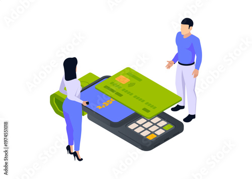 Man and woman standing at large terminal performing card payment or cash withdrawal. Vector human interaction, secure banking and digital finance. Financial operations and account management