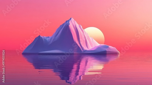 A surreal melting iceberg at sunset reflecting in tranquil waters, illustrating environmental climate change concerns