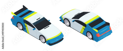 Isometric race cars. Vector isolated high performance competition vehicle with aerodynamic body, exposed wheels and dynamic racing stance. Motorsport concepts and games. Speed and tournaments