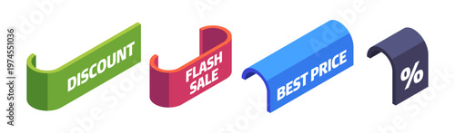 Twisted and folded tag labels. Vector offer stickers in strip form with Discount, Flash sale, Best Price texts and percentage symbols. Promotion, retail marketing and ecommerce design