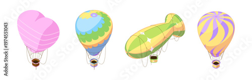 Hot air balloons set. Vector isometric airships collection in form of heart, classic and dirigible. Tourism, adventure and travel. Competitive ballooning events, races and festivals