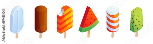 Popsicle ice cream on sticks. Vector isolated isometric gelatos with chocolate coating and fruit glaze, twisted shapes and creative designs. Refreshing summer treats and snacks with toppings