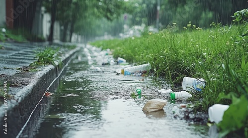 Plastic waste and bottles clog urban gutters after a rainstorm, highlighting environmental pollution concerns.