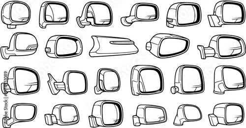 Bild auf Leinwand Automotive Car Side Mirrors Black and White Line Art Collection
