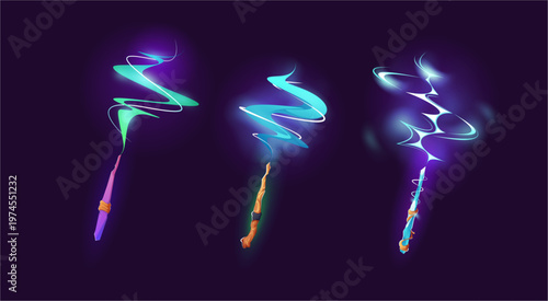 Magic wands set with sparkling swirls. Vector cartoon wizard or warlock sticks with neon light trail, fairytale energy motion, miracle power. Mystical assets for fantasy game mages