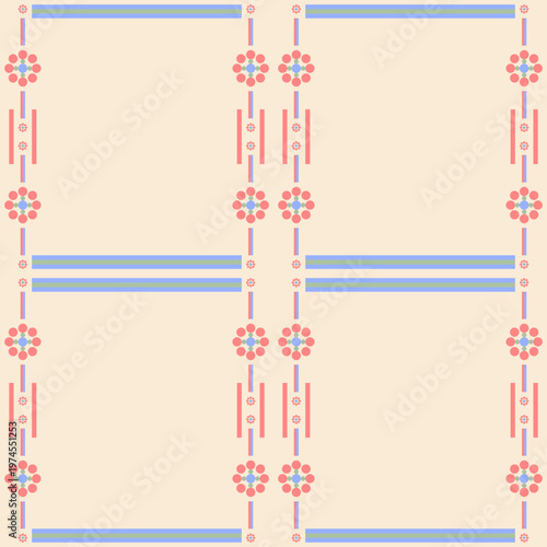 Seamless abstract frame of geometric circle flower and bold line in soft coral, blue and green on beige cream background. Geometric pattern seamless. Vector art, minimalist, modern, vintage, folk, mot