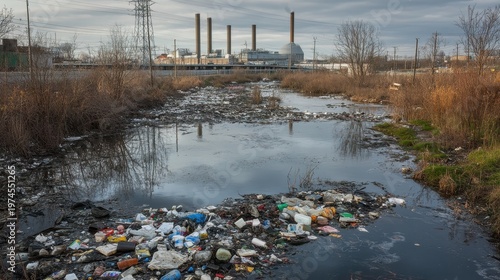 Industrial pollution contaminates suburban creek with floating trash and debris under overcast skies