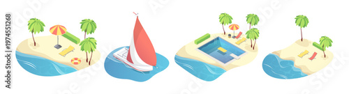 Seacoast and beach landscapes with vacation elements. Vector isometric yachts and swimming pools, palm trees and sunbathing areas. Travel and summer leisure. Websites, presentations and infographics