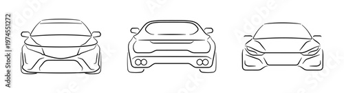 Car outline icons in silhouette style, front and back side. Vector vehicle speed, precision and modern engineering symbols. Auto workshop branding, rental company or racing event promotion