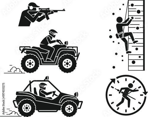 Adventure Sports Icons Set, Shooting Rifle, ATV Quad Bike, Rock Climbing Wall, Running Clock, Extreme Activity Vector Illustration