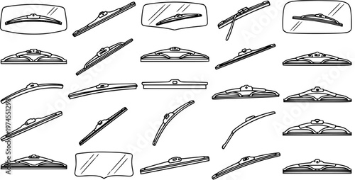 Automotive Windshield Wipers Vector Line Art Icons Set. Black and White Glyph Style Collection of Car and Vehicle Wiper Blades and Windshields.