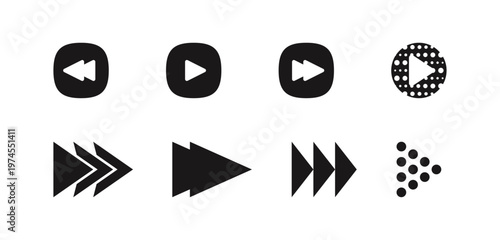 Various pointer icons set. Vector rewind, play and directional arrows in dotted and dashed styles. Movement, navigation and media control elements. UI UX projects and web design. Multimedia graphics