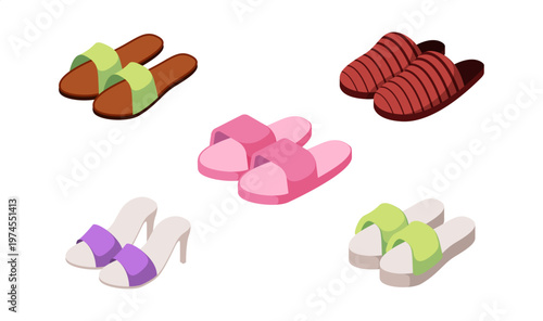 Womens home footwear set. Vector isometric high heels, house slippers and beach style shoes. Casual indoor comfort and stylish fashion. Elegance, practicality and variety in modern footgear design