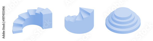 Spiral and circular stairs. Vector isometric steps set,isometric connectors between floors, linking platforms and levels. Architectural creativity and interior functionality. Planning visualization