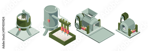 Paper factory industrial tanks, pipelines and processing units. Vector isometric material preparation and production flow elements. Technical infrastructure, liquid handling and plant systems