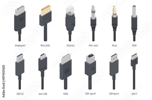 Mixed ports collection. Vector Display port, micro and mini USB, Ethernet and mini jack, DCIN and HDMI. Connectivity options for computers and electronics. Technology and hardware for IT devices