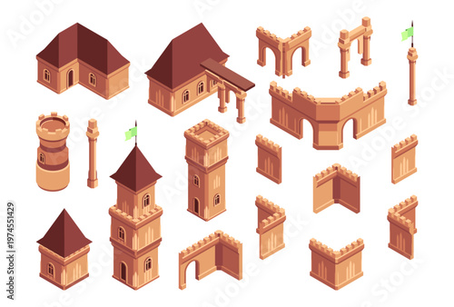 Modular isometric castle assets. Vector isolated walls and roofs, tall watchtowers and decorative architectural pieces. 2D strategy games design elements, maps or medieval environments