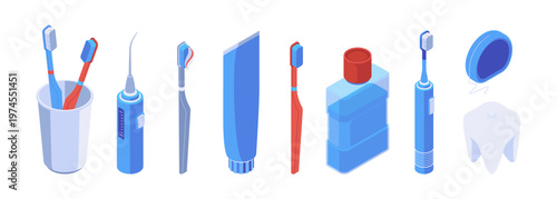 Care and treatment of teeth. Vector isolated set of dental and stomatology tools. Molar model, paste and brush, floss and mouthwash. Mint refreshing breath and healthy smile of patient