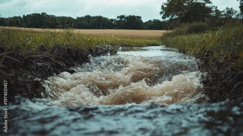 Rushing floodwaters inundate rural farmland with submerged crops under overcast skies