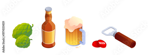 Hops and bottle with alcoholic beverage, glass with foamy beer and opener with lids. Vector craft brewing. Pub or bar assortment. Octoberfest and celebration, entertainment and relaxation on weekends