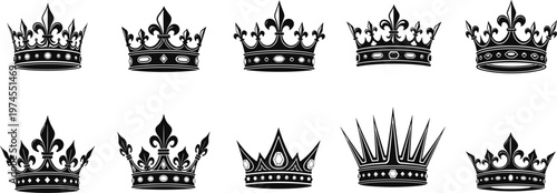 Royal crown icons, black silhouette design, luxury headwear illustration, monarchy symbol graphic, decorative crown set, power prestige concept, ornate jewel pattern