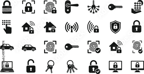 Security icons set, padlock, fingerprint scanner, key, keypad, shield lock, smart home, cybersecurity, authentication, encryption, access control design