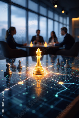 Glowing king chess piece on digital network board with business team in background