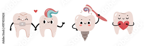 Smiling cute tooth characters set. Vector isolated collection of kawaii cartoon teeth mascots. Happy molars holding hands, denture and braces. Oral care emoticons or stickers. Dental hygiene