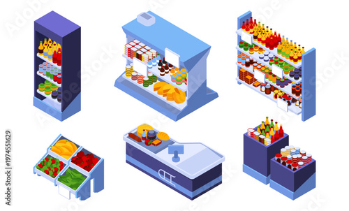 Supermarket interior with product shelf and checkout counter. Vector isolated isometric retail store elements. Shop organization and product placement. Commercial store planning content