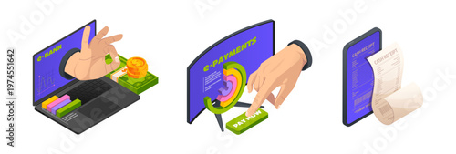 Bill payment with mobile phone online. Vector credit card and financial for virtual shopping. Invoice transaction with bill. Money transfer, income or salary. Digital settlement isometric icons