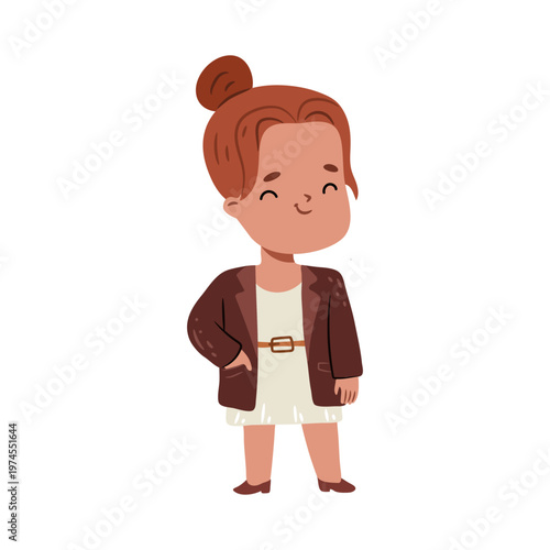 Young business lady with happy facial expression and closed eyes. Vector in flat style, isolated cute personage, mascot or sticker. Emoticon of kid, schoolgirl playing role in school play