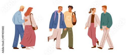 Group of friend or happy couples walking together outdoors. Vector cartoon characters strolling relaxed and joyful atmosphere. Friendship, togetherness and youth lifestyle, traveler weekend leisure