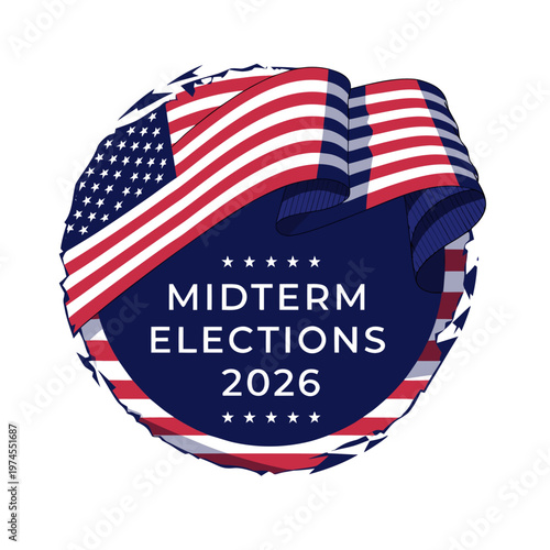 US Midterm Elections 2026 Patriotic Badge Illustration with American Flag and Stars, Political Campaign Event Vector Logo on Dark Navy Background.