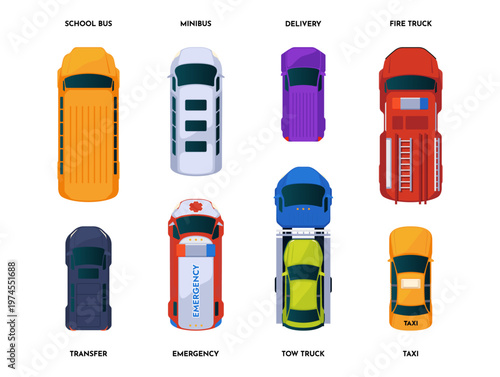 Municipal public cars set, top view. Vector isolated collection of school bus and minibus, tow and fire truck, transfer and emergency, delivery and taxi. City transport and urban mobility