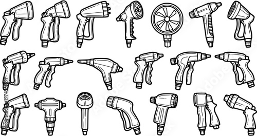 Gardening Hose Nozzles and Water Spray Guns Black and White Line Art Set. Hand-drawn Doodle Illustration of Various Garden Sprayers and Cleaning Tools.