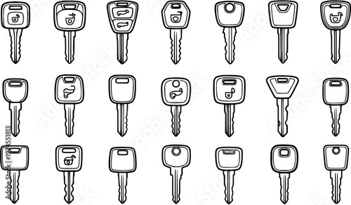 Automotive Car Keys Vector Set Black and White Line Art Icons Collection for Vehicle Security and Access