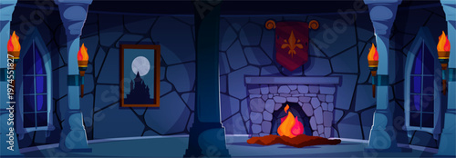 Castle fireplace room interior. Vector stone hall with hearth, tall windows and arches. Fantasy cartoon atmosphere for game cutscenes. Indoor space with columns and flags. Medieval themed artwork