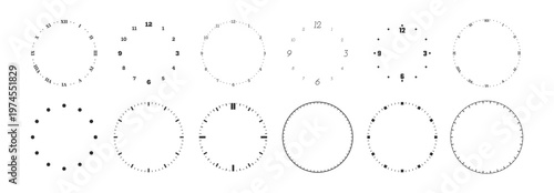 Modern watch dials set. Vector isolated collection of timepiece faces with simple hour markers, Roman and arabic numbers. Smartwatch interfaces, branding design or UI concept visuals