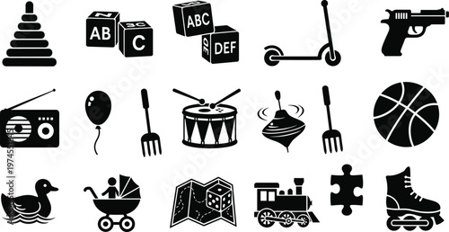 Toy icons set, children silhouettes, stacking rings, alphabet blocks, scooter, drum, spinning top, puzzle piece, stroller, playtime design