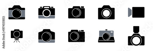 Compact camera silhouettes with aperture symbols. Vector isolated collection of different cams body shapes, viewfinder styles and diaphragm indicators. Monochrome icons for infographic