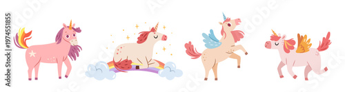 Unicorn characters with rainbow hairs and wings, fairy tale personages with horn on head. Vector magic world and fantasy creatures and personages. Horses or ponies with antlers, mystical animals