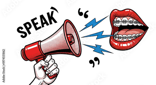 A hand holding a megaphone with a mouth and teeth.