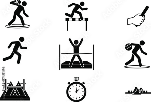 Track field icons, shot put silhouette, hurdle jump graphic, relay baton illustration, sprint runner design, high jump symbol, discus throw concept