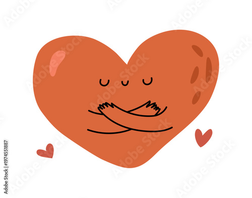 Love yourself, psychological help and support. Vector in flat style, isolated character heart with hearts cuddling. Donation and charity, kindness and caring. Mascot for community organization