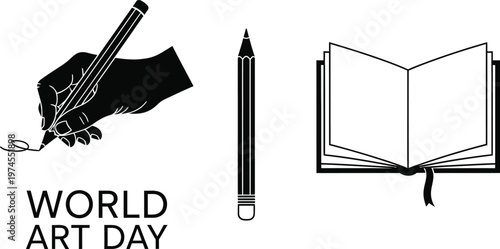 World art day black silhouettes of hand writing pencil and open book